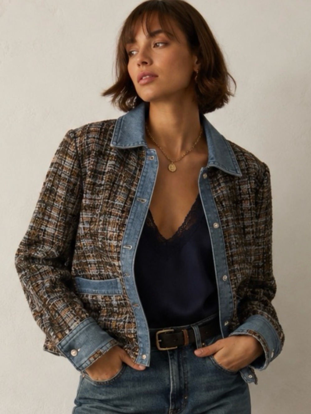 NWT Ecru Tweed & Denim Jacket Petite Medium Mixed Media Blazer